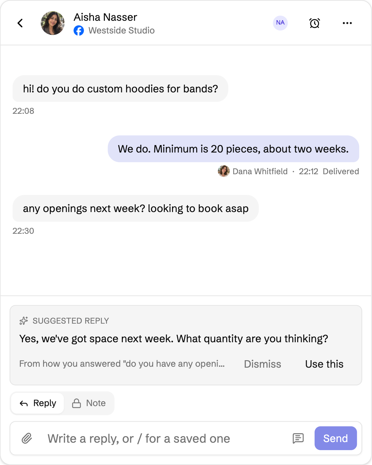 A customer asking about booking, with Stonechat’s suggested reply underneath.