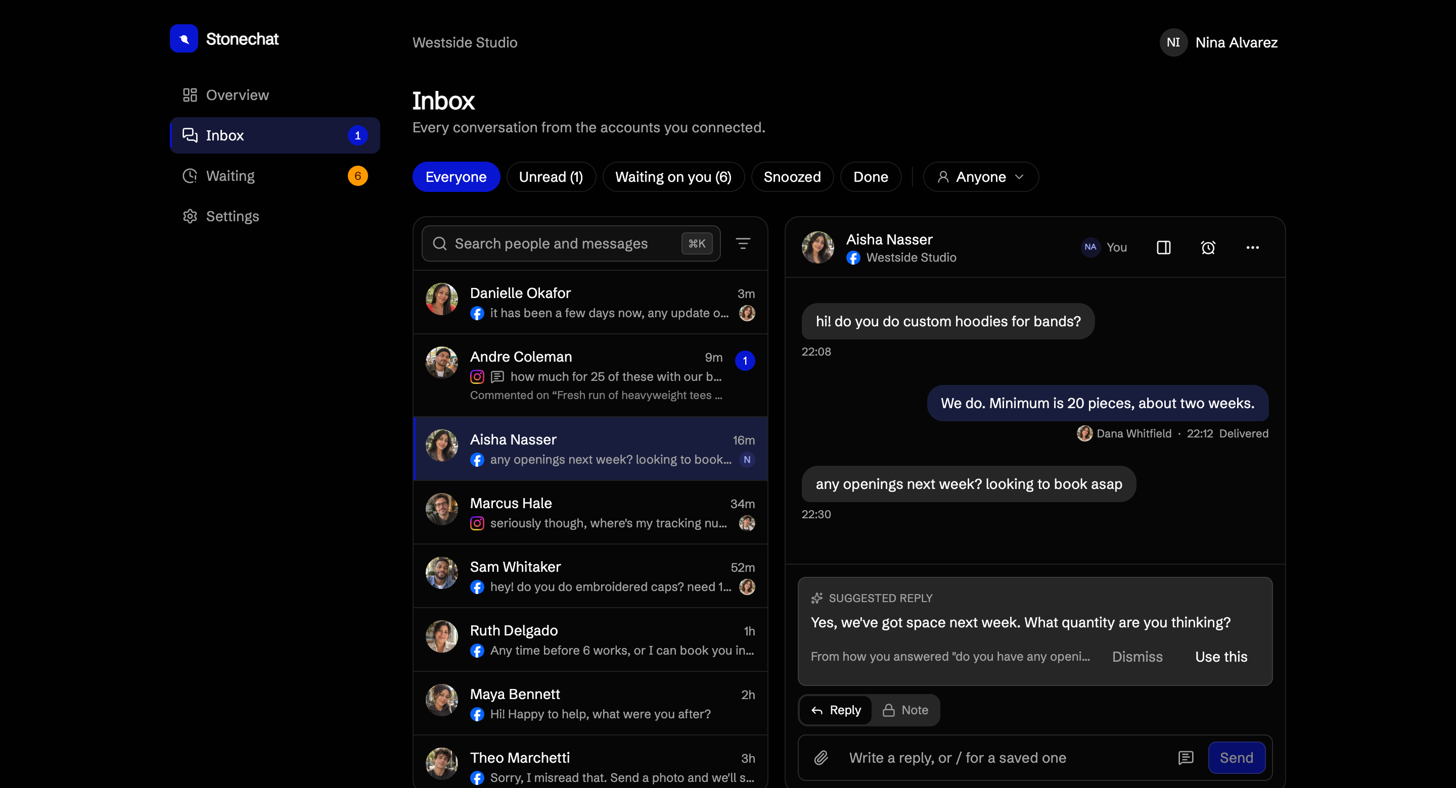 The Stonechat inbox, with conversations from Instagram and Facebook in one list and a suggested reply under the open one