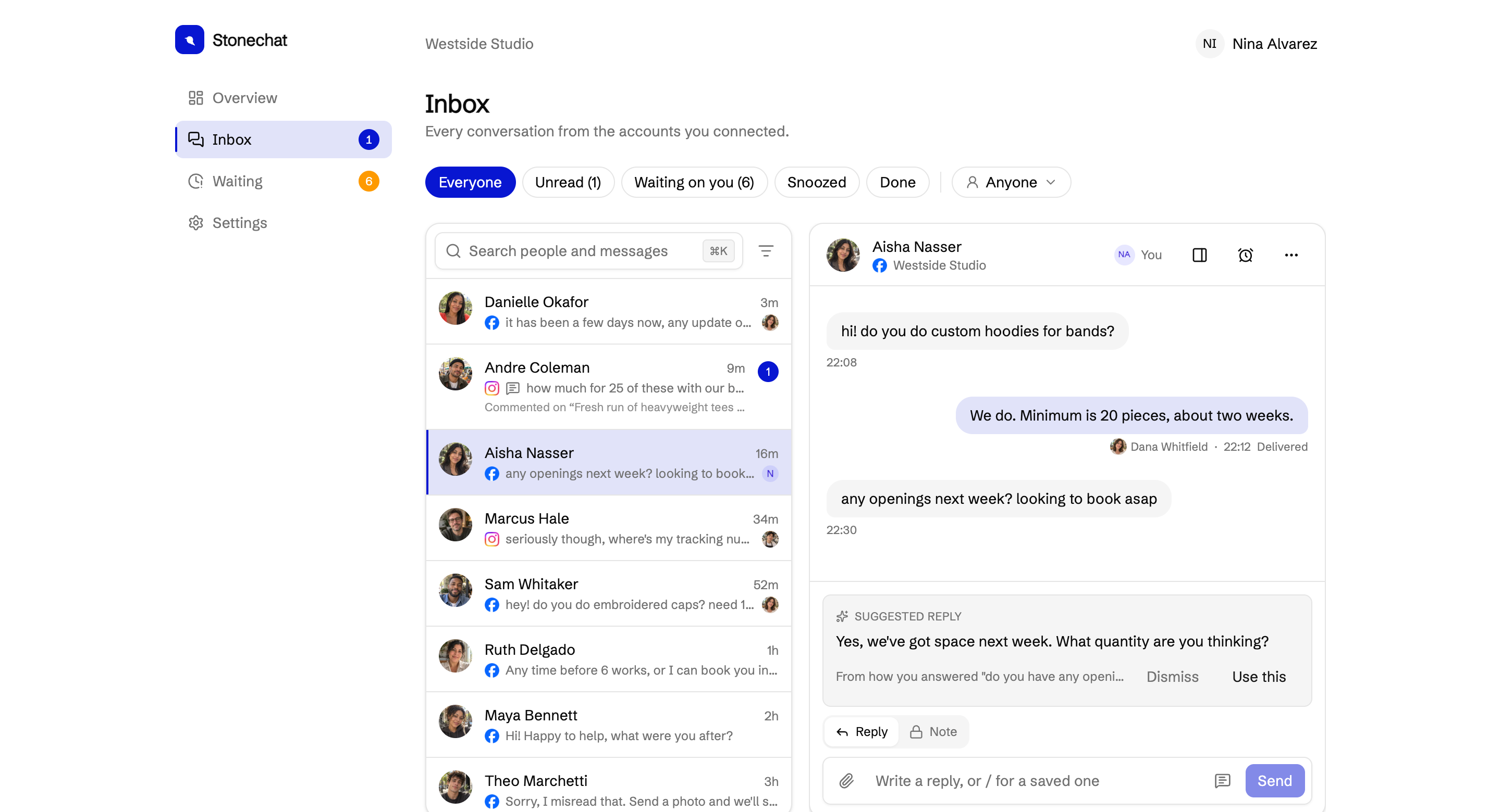 The Stonechat inbox, with conversations from Instagram and Facebook in one list and a suggested reply under the open one